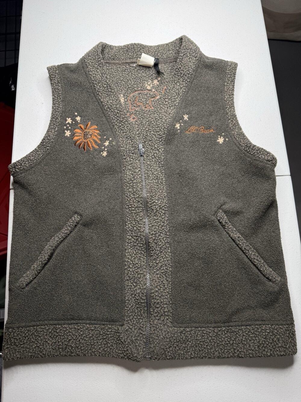 Vintage 90’s LL Bean Moss Green Embroidered Fleece Nature Vest Cottagecore Sz M
